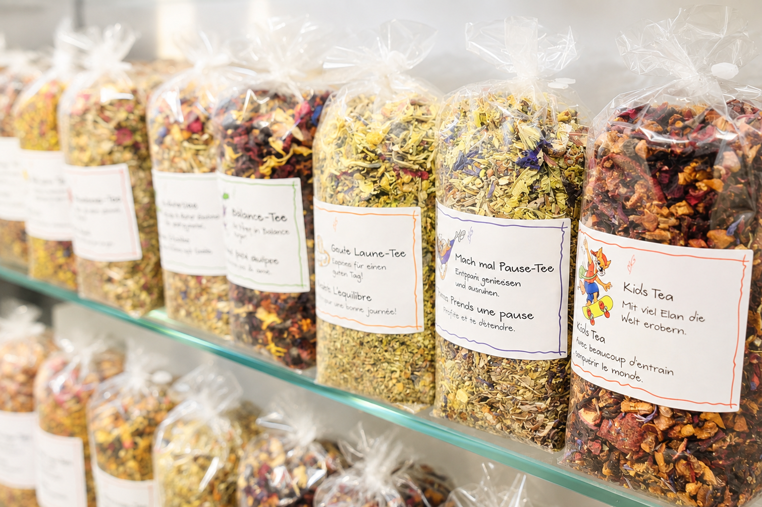 Verschiedene Kräutertees im Regal der Herboristeria